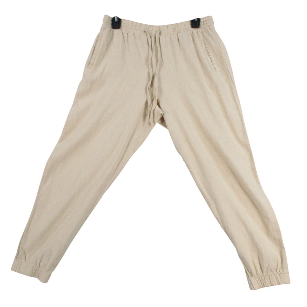 Love Tree Womens Beige‎ Linen Blend Jogger Pants Elastic Waist Drawstring Medium